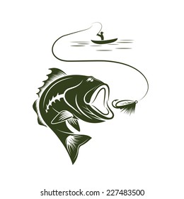 illustration of fisherman in a boat and big mouth bass