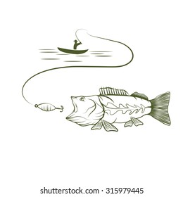 illustration of fisherman in a boat and big mouth bass