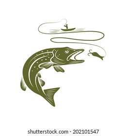 illustration of fisherman in a boat and pike