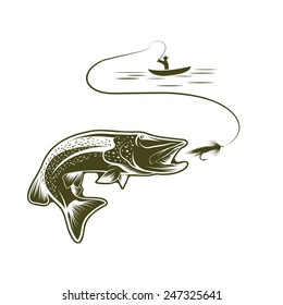 illustration of fisherman in a boat and pike
