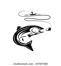 illustration of fisherman in a boat and salmon