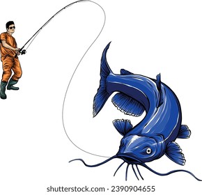 illustration of fisherman catching a catfish