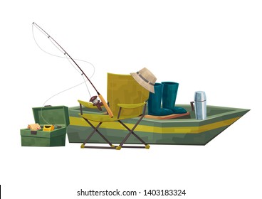 Illustration fisherman equipment boat and chair rod vector