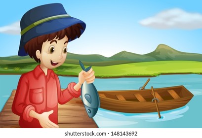 Illustration of a fisherman with a fish