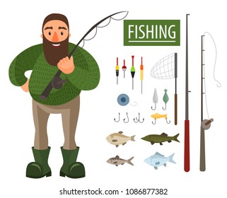 
Illustration of a fisherman and fishing gear