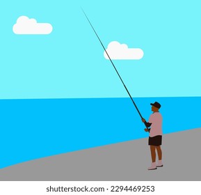 The illustration of fisherman fishing on a sunny beach