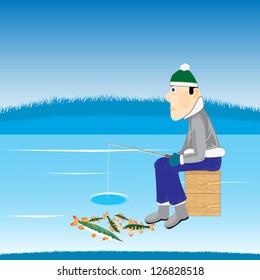 Illustration of the fisherman with fishing rod on river in winter
