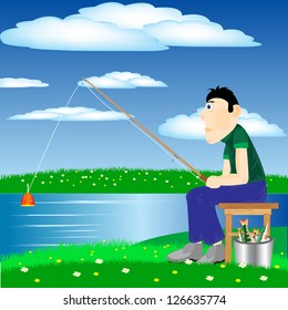 Illustration of the fisherman on river going fishing