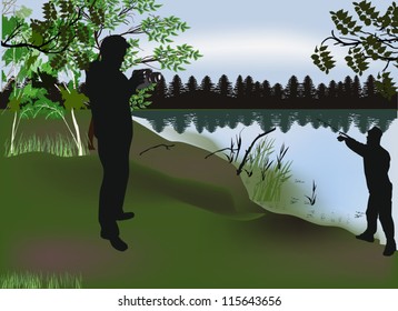 illustration with fisherman and photographer near lake