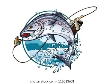 Ilustración de un pescador tirando de una barra de pesca mientras el salmón salta para atrapar el cebo en el lago