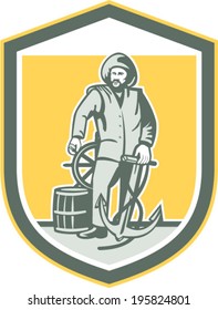 Illustration of a fisherman sea captain holding anchor at the helm with steering wheel and drum set inside shield crest done in retro style.