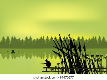 illustration with fisherman silhouette near forest lake