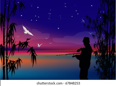 illustration with fisherman silhouette at night