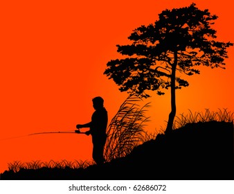 illustration with fisherman silhouette at sunset