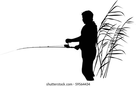 illustration with fisherman silhouettes isolated on white