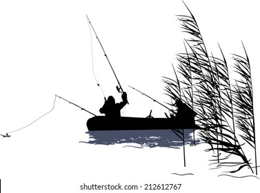 illustration with fishermen and boat silhouette in rush isolated on white background