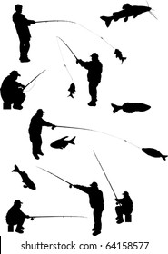 illustration with fishermen and fishes silhouettes isolated on white