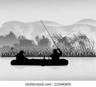 illustration with fishermen silhouette in forest lake