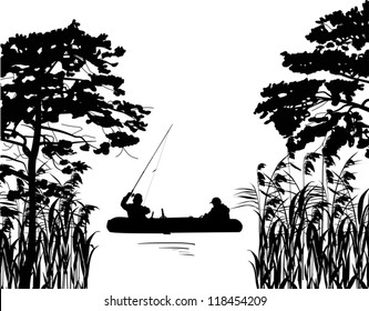 illustration with fishermen silhouette in forest lake