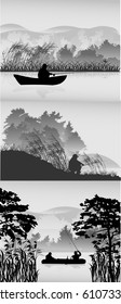 illustration with fishermen silhouettes in forest lake