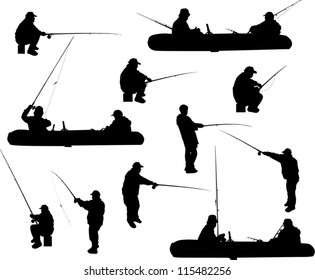 illustration with fishermen silhouettes isolated on white