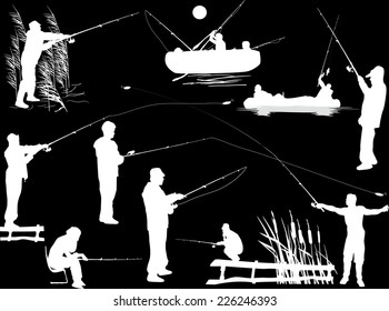 illustration with fishermen silhouettes isolated on black background