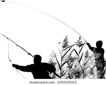 illustration with fishermen silhouettes isolated on white background