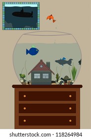 Illustration of fishes in aquarium and a painting on the wall