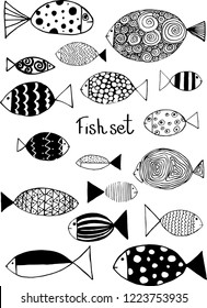 Illustration with fishes. Funny fish outline art.