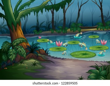 Illustration of fishes in the jungle