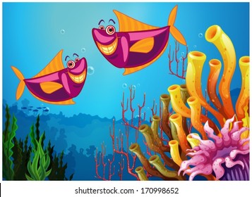 Illustration of the fishes under the sea near the colorful corals on a white background