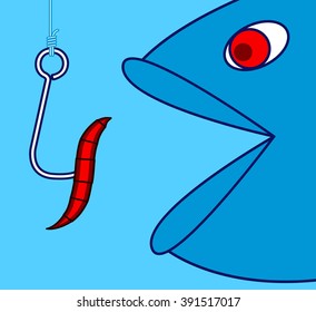 Illustration of the fishhook with bait and fish