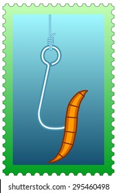 Illustration of the fishhook with bait on postage stamp