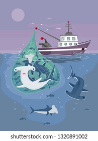 Illustration of Fishing Boat Catching Hammerhead Sharks