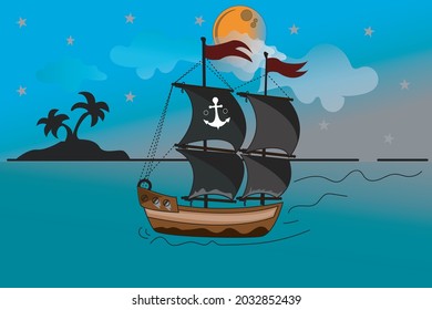 illustration of fishing boat sailing at night