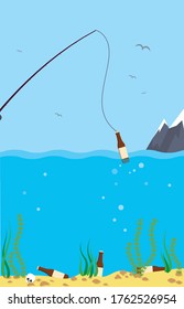 illustration fishing a bottle on deep sea