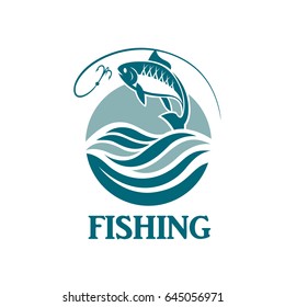 illustration of fishing emblem with waves and hook
