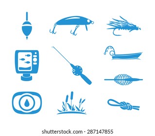 Illustration of Fishing equipments, Big set in blue color isolated on white background, EPS10