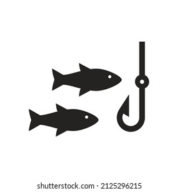 Illustration of fishing, fish hook, hobby. Solid icons, glyphs, silhouettes.