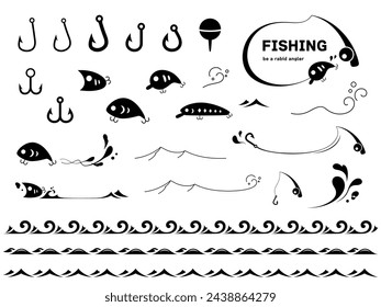 Illustration of fishing gear and wave frame_silhouette material