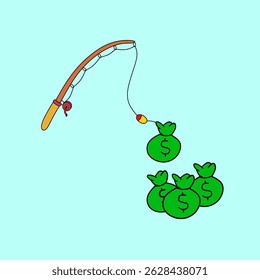 Illustration of a fishing hook hooking a pile of money sacks, can be used for business purposes