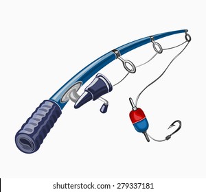 Illustration of fishing rod. Colored on white background.