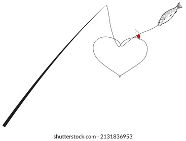 Illustration of a fishing rod with a fish on a hook and heart shaped lines