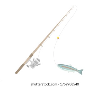 Illustration of a fishing rod and rainbow trout.