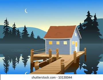 Illustration of a fishing shack on a quiet, calm, lake. A sliver of a moon can be seen rising above the hills.