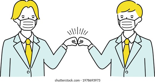 Illustration of "fist bump". Businessmen greet Hello with their fists.