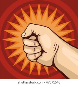Illustration of fist line-art on dark red background and a yellow burst