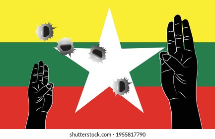 Illustration of Fists with Three Finger Salute as an act of Defiance Against Military Government in Myanmar. myanmar flag background.