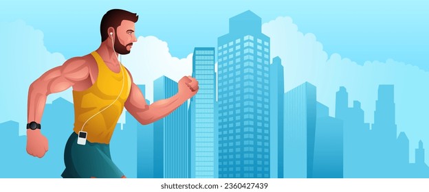 Illustration of a fit man jogging vigorously against the backdrop of a cityscape. The urban fitness mindset, determination, and personal well-being, preference for health and fitness-related projects