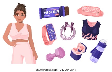 Illustration of fit woman with workout essentials like protein bar, smartwatch, dumbbell, and water bottle. Health and exercise concept.